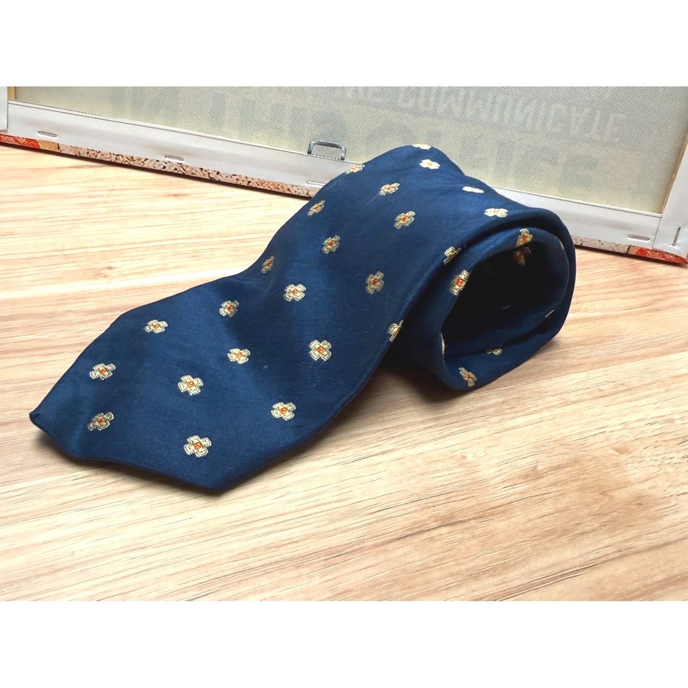 Gherardini Firenze Navy Blue Silk Linen Floral Medallion Tie Made in Italy 3.5"